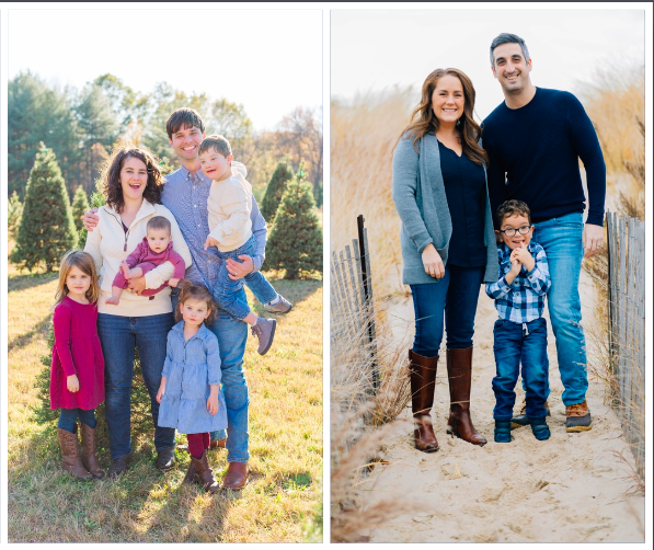 Our why- pictures of our families. Sara is pictured with her husband and four kids, her son has Down syndrome. Justine is pictured with her husband and son who has a rare genetic condition.